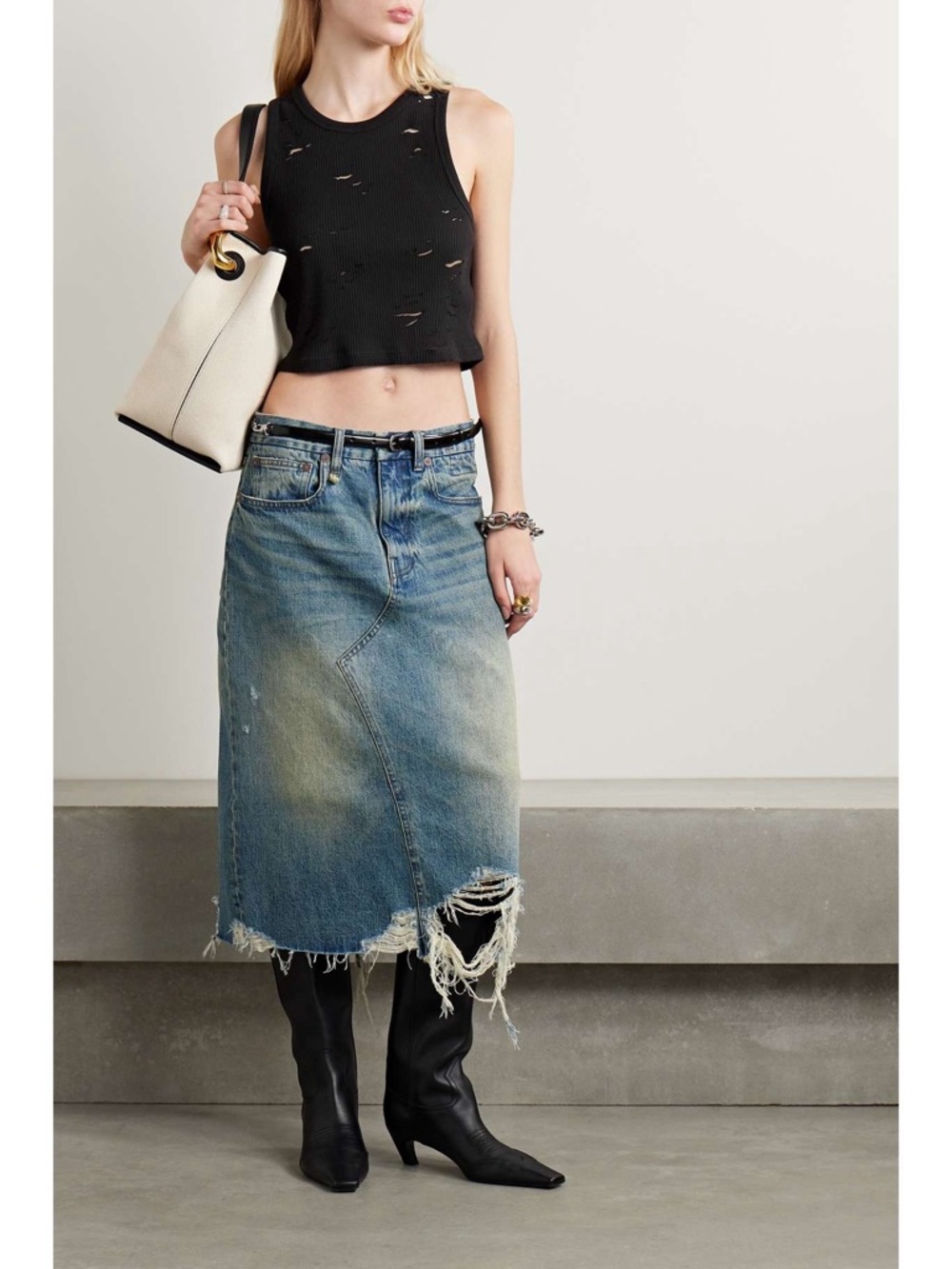 R13 Jesse Distressed Denim Midi Skirt